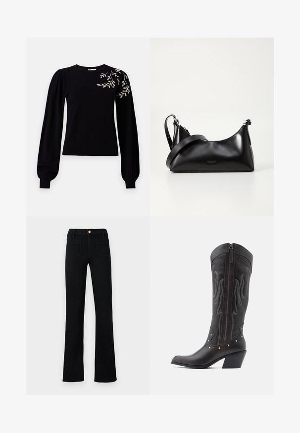 Object OBJTHESS EMBROIDERY PULLOVER - Striktrøje - black; Sorte højtaljede lige ben jeans med frontlomme og kobberknaplukning på en neutral baggrund.; Brune læder cowboystøvler med flammebroderi, sidelukning med lynlås, sølvnitter, spids snude og lagdelt hæl.; Sort læderhåndtaske med en glat tekstur. Har en justerbar stropp og et enkelt, minimalistisk design med lynlås.