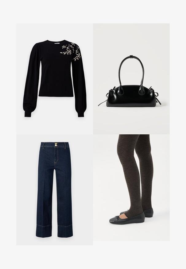 Object OBJTHESS EMBROIDERY PULLOVER - Svetrík - black; Tmavomodré vysoké široké džínsy s dvojitými zlatými gombíkmi a viditeľným oranžovým prešívaním na svetlom pozadí.; Nohy v tmavých pásikavých legínach v kombinácii s čiernymi balerínkami s malými mašličkami na bielom pozadí.; Malá čierna lesklá kabelka s dvoma dlhými rúčkami a bočnými šnúrkovými detailmi na jednoduchom svetlom pozadí.