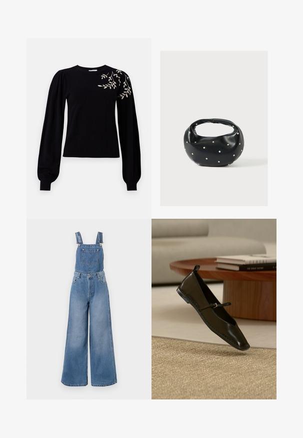 Object OBJTHESS EMBROIDERY PULLOVER - Pullover - black; Salopette en denim bleu clair, avec des jambes larges, des bretelles ajustables, une poche principale et des accessoires en métal argenté. Le tissu présente une texture subtile.; Chaussure plate Mary Jane en cuir noir flottant au-dessus d'un tapis beige tissé, avec une table ronde en bois et des livres empilés en arrière-plan.; Sac à main en cuir noir de forme arrondie, décoré de clous argentés et équipé d'une poignée courte. Texture lisse et fermeture éclair.