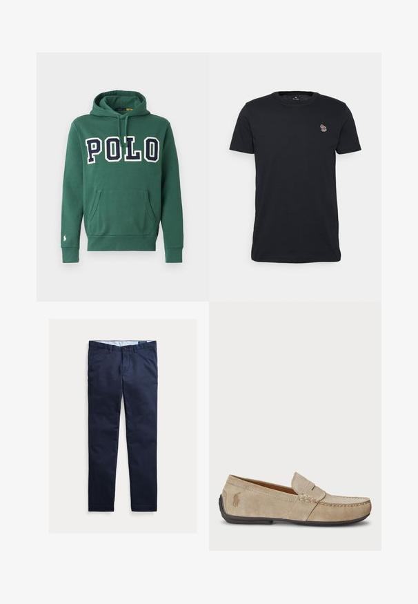 Zelená mikina s kapucňou vyrobená z mäkkého bavlneného materiálu, s veľkým logom "POLO" v námorníckej modrej farbe, prednou kapsou, nastaviteľnou kapucňou so šnúrkami a malým logom na rukáve.; Čierne bavlnené tričko s okrúhlym výstrihom a krátkymi rukávmi. Na hrudi sa nachádza malé viacfarebné vyšívané logo.; Tmavomodré pánske chinos nohavice so slim fit strihom, s pútkami na opasok, predným gombíkom a vreckami, zobrazené položené na bielom pozadí.; Béžové semišové mokasíny s prešívaním, plochou gumenou podrážkou a malým logom na strane. Klasický dizajn na obúvanie, mäkká textúra.