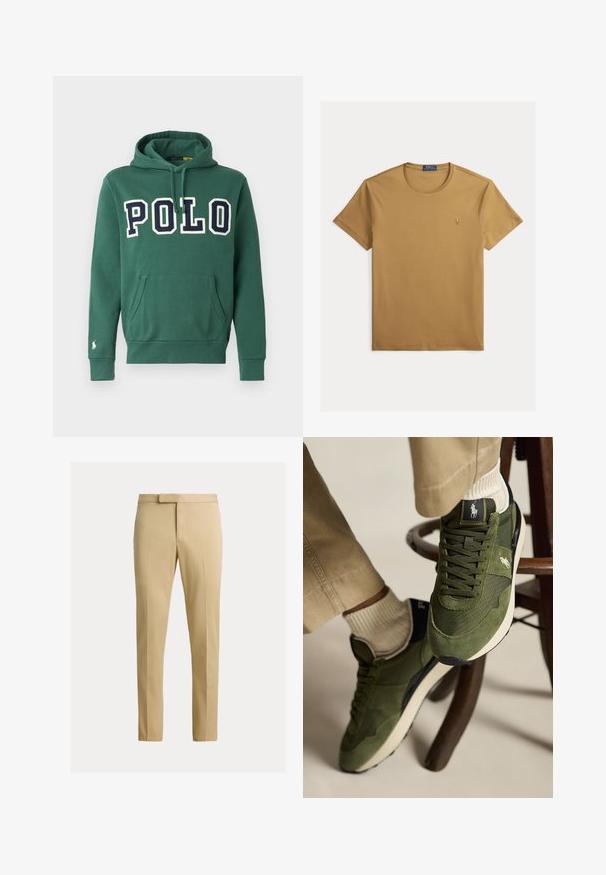 Grüne Kapuzenjacke aus weichem Baumwollmaterial, ausgestattet mit einem großen "POLO"-Logo in Marineblau, einer Fronttasche, einem verstellbaren Kordelzug an der Kapuze und einem kleinen Logo auf dem Ärmel.; Schlichtes braunes T-Shirt mit kurzen Ärmeln und Rundhalsausschnitt mit kleinem besticktem Polo Ralph Lauren-Logo auf der linken Brust.; Beige schmal geschnittene Hose mit Bügelfalte vorne, Gürtelschlaufen und verdecktem Frontverschluss auf schlichtem hellem Hintergrund.; Füße, die olivgrüne Sneakers mit weißen Socken und beigen Hosen tragen und auf einer Holzstuhllehne vor schlichtem Hintergrund ruhen.