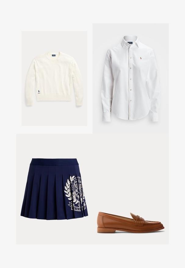 Witte katoenen trui met een geribde ronde hals en manchetten, voorzien van een klein blauw logo aan de linker onderzijde. Zachte textuur, standaard pasvorm.; Witte, lange mouwen, button-up overhemd van katoen, met een klassieke kraag en een klein geborduurd logo op de borst.; Marineblauwe geplooide rok met brede tailleband en wit tennis-thema wapenlogo aan de rechteronderkant.; Bruine leren loafer met lage houten hak, klassieke pennyriem en gestikte details langs de neus en zijkanten.