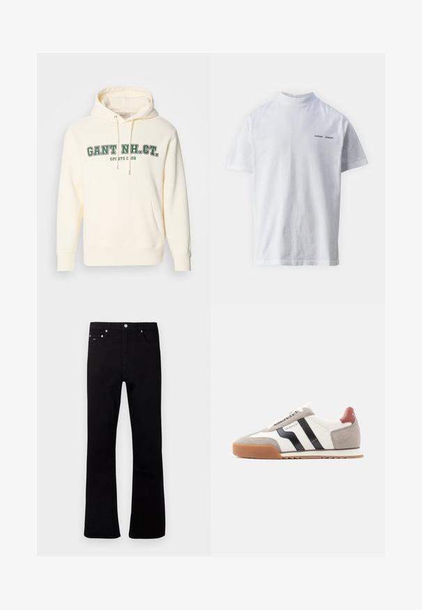 Crème kleurige hoodie met een kangoeroezak, een capuchon met trekkoord en groene opdruk "GANT NH. CT." en "SPORTS CLUB" op de voorkant.; Witte katoenen t-shirt met een hoge hals en korte mouwen. Voorzien van het 'SAMSØE SAMSØE' logo in het zwart op de voorkant. Glad van textuur.; Zwarte straight-leg jeans met vijf zakken, zilveren knoop en klein rood, wit en blauw logo op de voorkant van de rechterzak.; Sneaker met een bovenwerk van suède en leer in grijs, wit en zwart. Heeft een zool van gumrubber en contrasterende accenten op de hiel en strepen.
