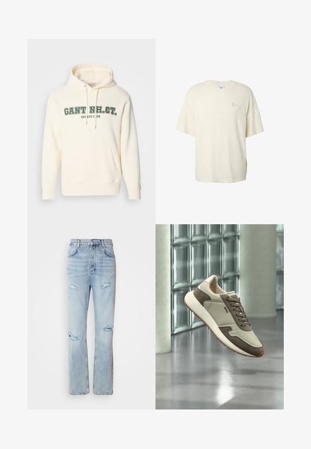 Crème kleurige hoodie met een kangoeroezak, een capuchon met trekkoord en groene opdruk "GANT NH. CT." en "SPORTS CLUB" op de voorkant.; Roomkleurig katoenen T-shirt met korte mouwen, ronde hals en een klein geborduurd logo op de linkerborst.; Licht gewassen denim jeans met een ontspannen pasvorm, voorzien van versleten plekken en rafelige randen. De stof heeft een zachte, gladde textuur.; Beige en bruine BOSS sneaker met suède accenten, veters en een gumzool, zwevend boven gepolierde betonnen vloer nabij een glasblokkenmuur.