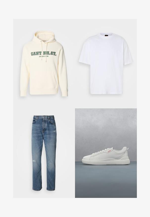 Cremefarvet hættetrøje med kengurulomme, snoretræk ved hætten og grønt tryk med "GANT NH. CT." og "SPORTS CLUB" på forsiden.; Hvid bomulds T-shirt med rund hals, korte ærmer og en afslappet pasform. Har strukturerede skuldersømme for ekstra detaljer.; Lyseblå denim jeans med lige ben-design, der har en knap- og lynlåslukning, fem lommer og slidte detaljer ved knæet.; Hvide sneakers med en glat læderfinish, rund tå, fire snørehuller, subtile perforeringer og en rød logo detalje på siden.