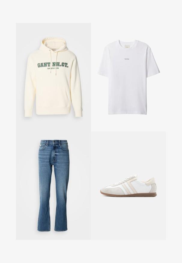 Crème kleurige hoodie met een kangoeroezak, een capuchon met trekkoord en groene opdruk "GANT NH. CT." en "SPORTS CLUB" op de voorkant.; Witte katoenen T-shirt met een ronde hals en korte mouwen. Heeft een klein zwart "Calvin Klein"-logo in het midden van de borst.; Lichtblauwe denim jeans met een rechte snit en een lichte flare. Beschikt over vijf zakken, een knoopsluiting en subtiele wassingdetails.; Laag uitgesneden witte en beige sneaker met suèdelook accenten, veterluiting en bruine rubberen zool, zijaanzicht op een effen achtergrond.