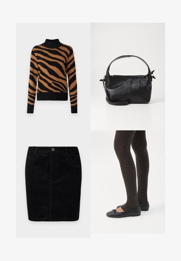 Pull à col roulé rayé noir et marron, en tissu tricoté, avec une silhouette ajustée et des poignets et un ourlet côtelés.; Jupe en velours côtelé noir avec une coupe droite, fermeture à boutons, poches avant, texture ribbée et finition mate.; Jambes portant des leggings côtelés foncés associés à des ballerines noires avec de petits détails en nœud sur fond blanc.; Sac à main en cuir noir au design structuré, avec une poignée arrondie et une bandoulière amovible. Présente une texture lisse et un éclat subtil.