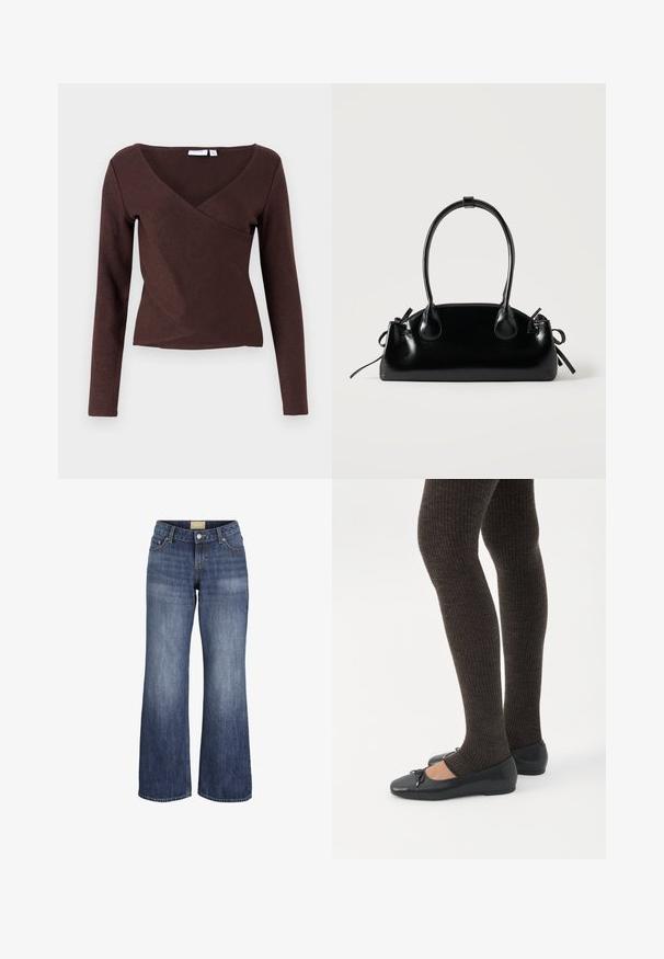 Haut marron à manches longues avec un design croisé, doté d'un décolleté en V profond et d'une texture lisse. Composé d'un matériau léger et extensible.; Jean en denim bleu à jambes larges avec poches avant, passants de ceinture, fermeture à bouton et détails de lavage délavé.; Jambes portant des leggings côtelés foncés associés à des ballerines noires avec de petits détails en nœud sur fond blanc.; Petit sac à main noir brillant avec deux longues anses et des détails à cordon sur les côtés sur un fond clair uni.