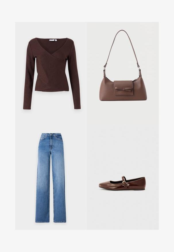 Haut marron à manches longues avec un design croisé, doté d'un décolleté en V profond et d'une texture lisse. Composé d'un matériau léger et extensible.; Jeans en denim bleu clair à jambes larges, dotés d'une taille haute, de poches avant et d'une fermeture à bouton standard. Texture lisse.; Ballerine en cuir verni marron avec un bout carré et une lanière ornée d'une petite boucle dorée. Texture lisse, talon bas et design minimaliste.; Sac à bandoulière en cuir marron avec une poche à rabat avant ornée d'un détail en forme de nœud cousu et une sangle réglable.