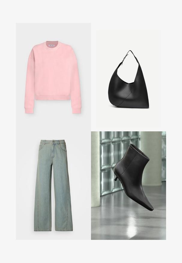 Sweat-shirt rose clair à manches longues avec col rond, poignets et ourlet côtelés, présenté à plat sur un fond gris clair.; Jeans large en denim bleu clair, dotés d'une fermeture avec bouton et zip, de cinq poches et de détails de couture contrastés.; Bottine en cuir noir avec bout pointu et petit talon, présentée devant un mur en blocs de verre et un sol poli.; Sac à épaule en cuir noir avec forme triangulaire incurvée, une seule sangle ajustable, et une couture diagonale visible à l'avant.