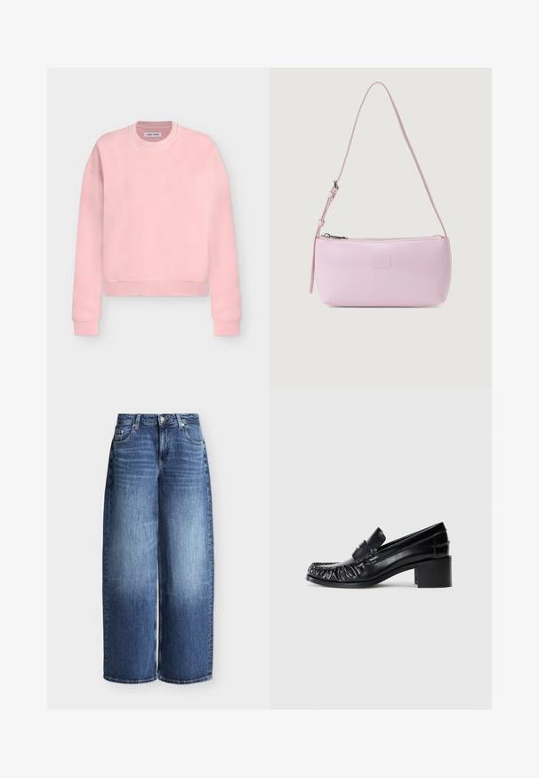 Sweat-shirt rose clair à manches longues avec col rond, poignets et ourlet côtelés, présenté à plat sur un fond gris clair.; Jean bleu à jambes larges avec fermeture devant par bouton et zip, passants pour ceinture et design classique cinq poches sur fond uni.; Mocassins en cuir noir avec un devant froncé, bout rond et un talon carré. Présentent une bande décorative et des détails de couture le long des bords.; Sac à main en cuir rose avec une texture lisse, de forme ovale, une longue bandoulière réglable et une fermeture éclair. Présente le logo de la marque embossé à l'avant.