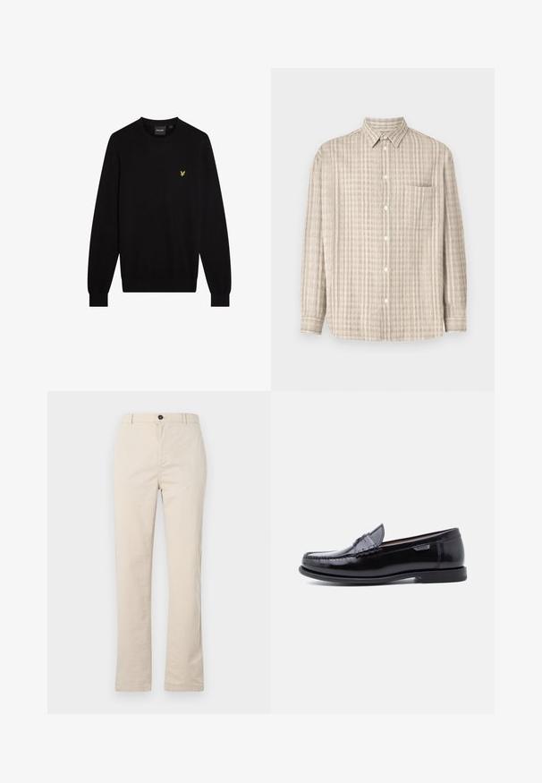 Zwarte trui van zachte stof, met een ronde halslijn en lange mouwen. Klein geel geborduurd logo op de linkerborst.; Knoopshirt in lichtbeige, met een geruit patroon, lange mouwen, een borstzak en een normaal kraagontwerp.; Lichtbeige katoenen broek met een rechte pijpdesign, voorzien van een knoopsluiting aan de voorkant, een ritssluiting en minimale stikdetails.; Zwarte leren loafers met een glanzende afwerking, voorzien van een gestikt ontwerp op de neus en een lage, zwarte rubberen zool met structuur.