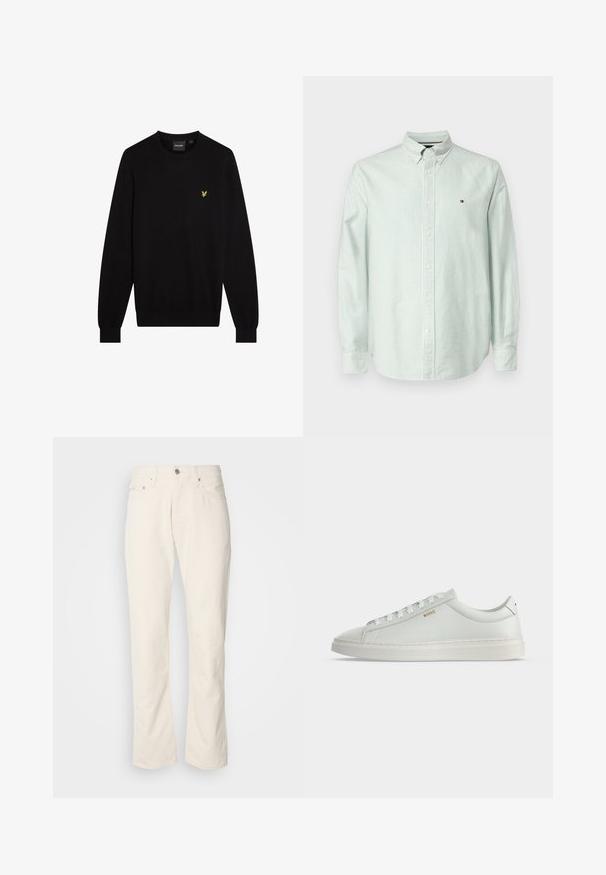 Zwarte trui van zachte stof, met een ronde halslijn en lange mouwen. Klein geel geborduurd logo op de linkerborst.; Lichtgroen gestreept shirt met lange mouwen, met een button-down kraag, featuring witte knopen en een klein logo op de borst. Zachte katoenstof.; Beige katoenen jeans met een klassiek recht model, met een knoopsluiting aan de voorkant, vijf zakken en subtiele stikdetails.; Witte lage leren sneaker met veters, platte zool en klein gouden "BOSS" logo aan de zijkant, gezien vanaf de buitenkant.