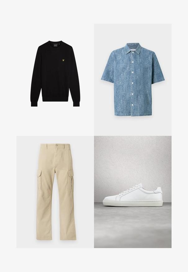 Sort sweater lavet af blødt stof med rund halsudskæring og lange ærmer. Lille gul broderet logo på venstre bryst.; Kortærmet skjorte med knapper i blåt denimmateriale med en struktureret overflade, der har en klassisk krave og hvide knapper.; Tommy Jeans OTIS HERRINGBONE PANTS - Cargobukser - silt; Hvide sneakers med en glat læderoverdel og lav profil. Har en rund tå, seks snørehuller og en tekstureret gummisål.