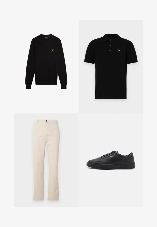 Sort sweater lavet af blødt stof med rund halsudskæring og lange ærmer. Lille gul broderet logo på venstre bryst.; Sort poloshirt i bomuldsblanding med tre-knap lukning, korte ærmer og et lille gult emblem på venstre bryst.; Lyse beige bomuldsbukser med lige ben-design, der har en frontknaplukning, lynlåslukning og minimale syninger.; Sorte lædersneakers med en glat overflade, rund tå, flad gummisål og tonede snørebånd. Udstyret med guld "BOSS" branding på siden.