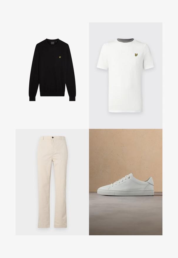 Sort sweater lavet af blødt stof med rund halsudskæring og lange ærmer. Lille gul broderet logo på venstre bryst.; Hvid bomulds-T-shirt med rund hals, korte ærmer og grå halskant; har en lille gul broderet logo på brystet.; Lyse beige bomuldsbukser med lige ben-design, der har en frontknaplukning, lynlåslukning og minimale syninger.; Hvid læderlav-top sneaker med snørebånd, placeret i luften over et struktureret beige tæppe, tæt på et rundt træ sofabord med bøger.