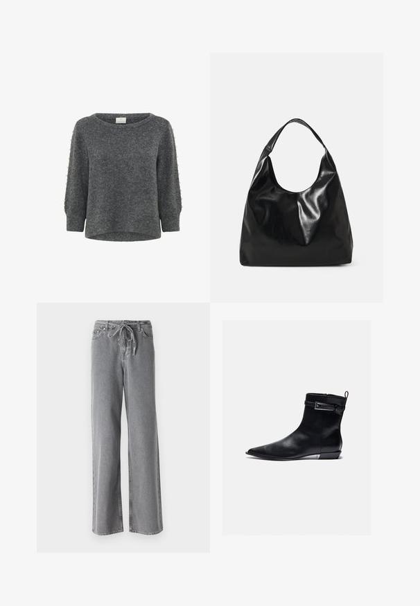 Kaffe KABETTY - Svetrík - grey melange; Sivé široké nohavice vyrobené z denimu, s elastickým pásom so šnúrkou a dvoma prednými vreckami. Textúra je mäkká, s mierne vyblednutým povrchom.; Čierne kožené členkové topánky s ostrou špičkou, plochým podpätkom a bočnými zipsami. Majú ozdobný prackový detail na manžete pre zvýraznenie. Hladká textúra.; Čierna kožená hobo taška s jemnou, lesklou textúrou a zaobleným, otvoreným vrchom. Obsahuje široký, zakrivený popruh na nosenie. Žiadne viditeľné kovanie.