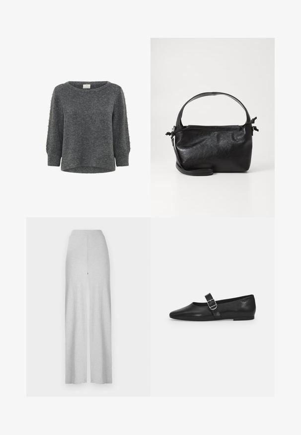 Kaffe KABETTY - Trui - grey melange; Lichtgrijze geribbelde wijde broek met een hoge tailleband en een split aan de voorkant. Gemaakt van een zachte stof met een gladde textuur.; Zwarte leren platte schoen met een ronde neus, een enkele verstelbare gespsluiting en een gladde, glanzende textuur. Minimalistisch ontwerp met een lage hak.; Zwarte leren handtas met een gestructureerd ontwerp, een ronde bovenhandgreep en een afneembare schouderriem. Beschikt over een gladde textuur en een subtiele glans.