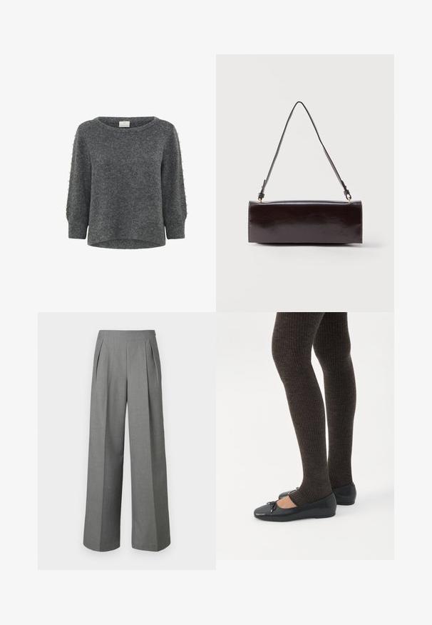 Kaffe KABETTY - Striktrøje - grey melange; Grå bukser med høj talje og vide ben, med forreste folder og sidelås, lavet af tekstureret stof.; Ben iført mørke ribbede leggings kombineret med sorte balletsko med små sløjfedetaljer på hvid baggrund.; Rektangulær sort læderhåndtaske med en enkelt lang rem og blank finish, vist mod en ensfarvet hvid baggrund.