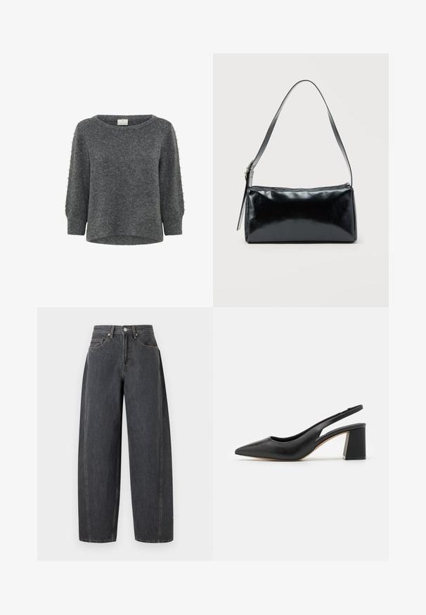 Kaffe KABETTY - Trui - grey melange; Zwarte denim jeans met een hoge taille, wijde pijpen, voorzakken, riemlussen en een metalen knoopsluiting op een effen achtergrond.; Zwarte leren slingback pump met een spitse neus, een uitgesneden ontwerp en een stevige blokhak. Glad textuur met een minimalistische esthetiek.; Zwarte rechthoekige schoudertas met een enkele verstelbare band en een bovenste ritssluiting op een effen achtergrond.
