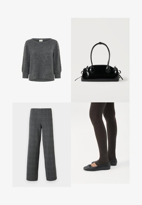 Kaffe KABETTY - Pullover - grey melange; Vero Moda VMBERLIN WIDE PANT - Pantalon classique - dark grey/black; Jambes portant des leggings côtelés foncés associés à des ballerines noires avec de petits détails en nœud sur fond blanc.; Petit sac à main noir brillant avec deux longues anses et des détails à cordon sur les côtés sur un fond clair uni.