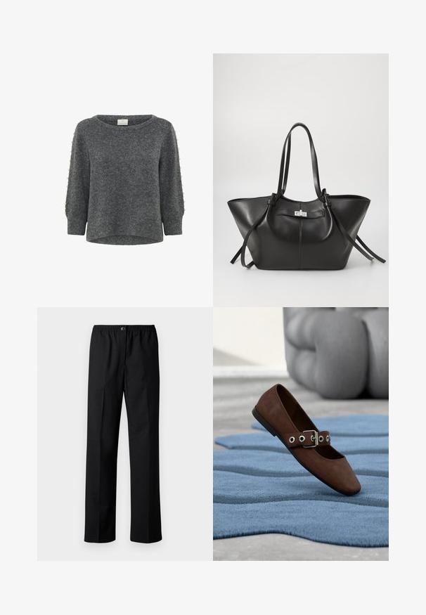 Kaffe KABETTY - Strickpullover - grey melange; Schwarze Hose mit geradem Bein, elastischem Bund und Knopfverschluss. Hergestellt aus gewebtem Stoff mit glatter Textur.; Brauner Wildlederflacher Schuh mit Schnallenriemen auf einem strukturierten blauen Teppich, im Hintergrund graue, getuftete Möbel.; Schwarze Leder-Tote-Tasche mit breiter, dreieckiger Form. Ausgestattet mit einem eleganten metallischen Verschluss, langen Tragegriffen und glatter Oberfläche.