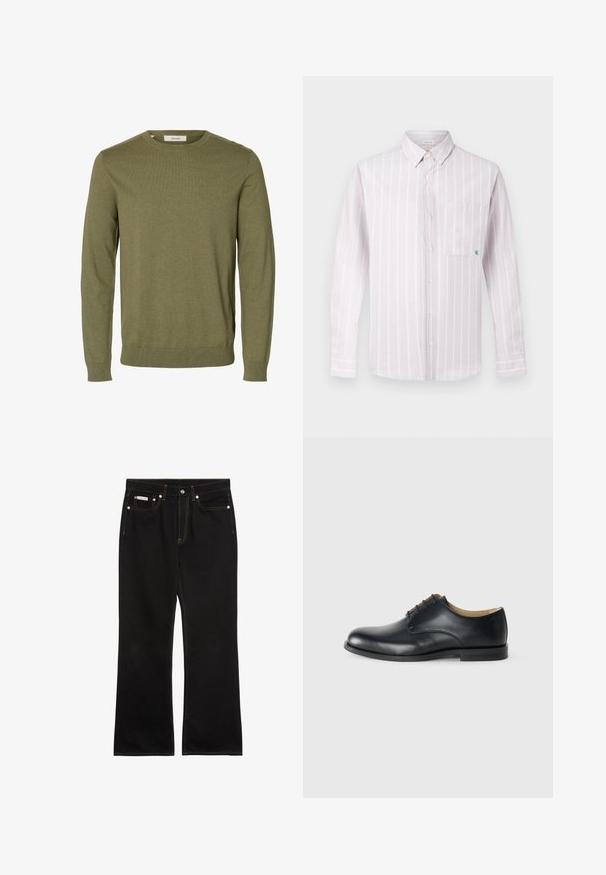 Pull vert olive à manches longues avec col rond, poignets et bas-côtes côtelés, tissu en maille unie, et une étiquette de marque « Selected » à l'intérieur du col.; Chemise à manches longues, rose clair, boutonnée, avec des rayures verticales blanches et une poche poitrine ornée d'un petit logo vert. Tissu en coton, col classique.; Jean noir droit avec coutures orange, cinq poches, fermeture par bouton, et une petite étiquette Calvin Klein sur la poche avant droite.; Calvin Klein ESS DERBY - Derbies - triple black