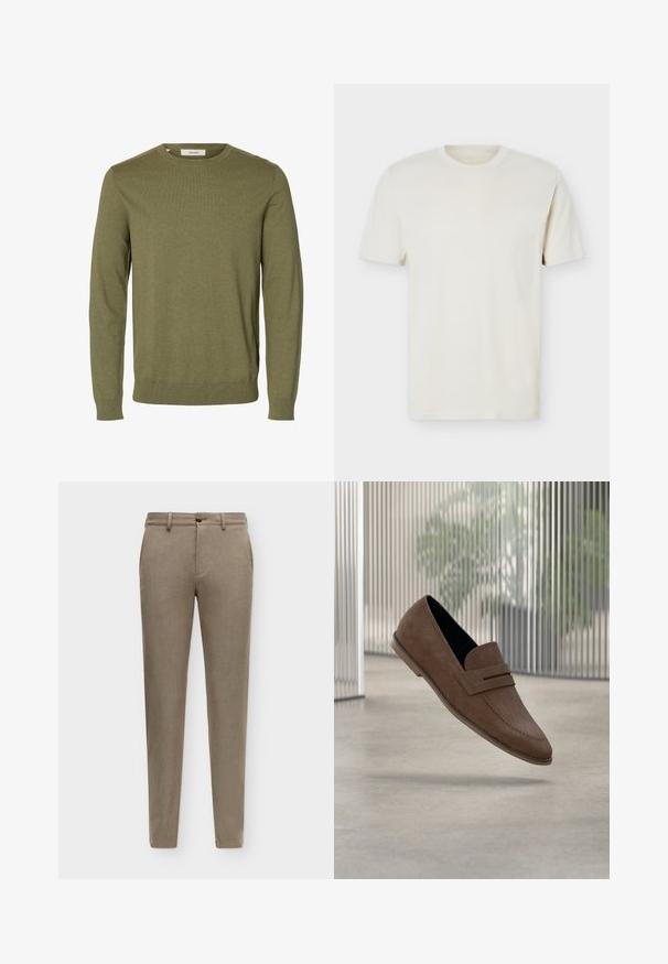 Pull vert olive à manches longues avec col rond, poignets et bas-côtes côtelés, tissu en maille unie, et une étiquette de marque « Selected » à l'intérieur du col.; T-shirt à manches courtes couleur blanc cassé uni avec col rond et logo discret sur le côté gauche de la poitrine, présenté sur un fond blanc uni.; Pantalon beige coupe slim avec passants de ceinture, bouton à l'avant et poches latérales, présenté sur un fond uni.; Mocassins en daim marron avec une finition lisse, des détails cousus, et un design à bout rond. Semelle surélevée et style sans lacets.