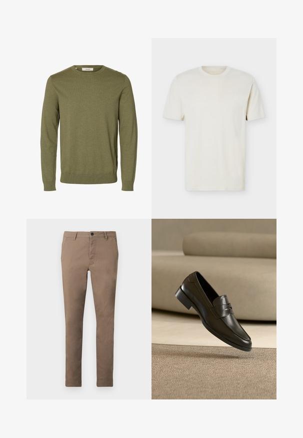 Pull vert olive à manches longues avec col rond, poignets et bas-côtes côtelés, tissu en maille unie, et une étiquette de marque « Selected » à l'intérieur du col.; T-shirt à manches courtes couleur blanc cassé uni avec col rond et logo discret sur le côté gauche de la poitrine, présenté sur un fond blanc uni.; Pantalon marron ajusté pour homme avec fermeture à boutons et zip sur le devant, passants de ceinture et poches latérales, présenté à plat sur fond blanc.; Mocassin en cuir noir flottant au-dessus d'un tapis beige avec un canapé beige en arrière-plan, mettant en valeur le design classique pour hommes sans lacets.
