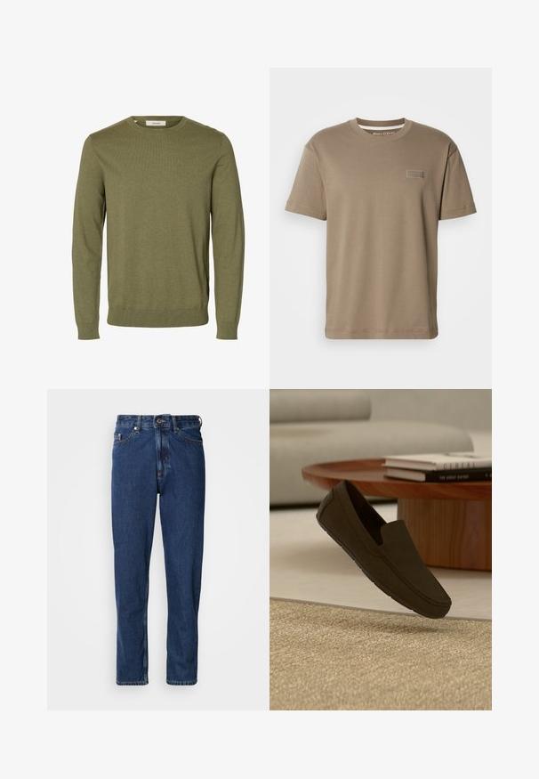 Pull vert olive à manches longues avec col rond, poignets et bas-côtes côtelés, tissu en maille unie, et une étiquette de marque « Selected » à l'intérieur du col.; T-shirt à manches courtes de couleur kaki, en coton, avec un col rond et un petit logo brodé sur le devant. Texture lisse, coupe décontractée.; Jean bleu foncé en denim, avec une coupe droite, style cinq poches et des coutures apparentes le long des coutures.; Mocassin marron foncé à enfiler flottant au-dessus d'un tapis beige texturé, avec une table basse ronde en bois et des livres flous en arrière-plan.