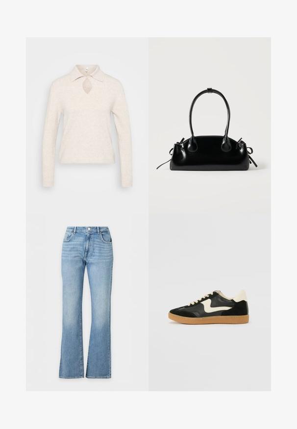Strikket pullover i lys beige med krave, nøglehul-udskæring i halsen og lange ærmer; tekstureret, blødt stof med en afslappet pasform.; Lyseblå denimjeans med høj talje, let udvidede ben og klassisk design med fem lommer.; Sorte ruskinds- og lædersneakers med en cremefarvet side-swoosh og lys cremefarvet hæl. Har beige snørebånd og en gummirubber-sål.; Lille sort blank håndtaske med to lange håndtag og snøre-detaljer i siden på en ensfarvet lys baggrund.