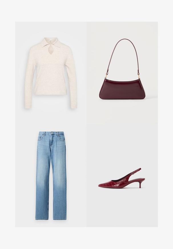Strikket pullover i lys beige med krave, nøglehul-udskæring i halsen og lange ærmer; tekstureret, blødt stof med en afslappet pasform.; Lyseblå straight-leg denimjeans med frontknap og lynlås, bæltestropper samt lommer foran og bagpå.; Bordeaux læder slingback pumpe med krokodillestruktur, spidse tæer, justerbar spænde rem og lav kitten hæl på en hvid baggrund.; Mørk burgunderglans håndtaske med et enkelt tyndt håndtag og en elegant, trapezformet form på en ensartet lys baggrund.