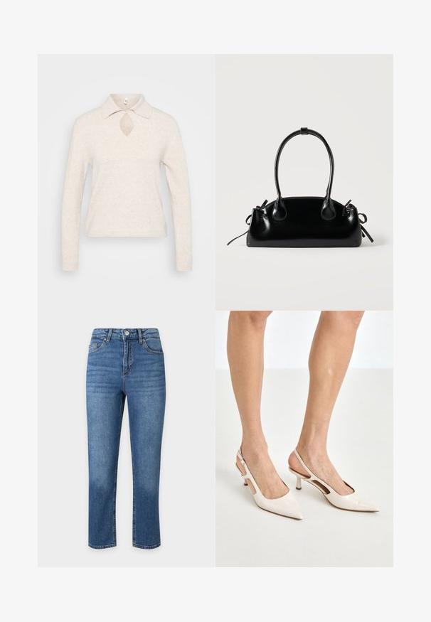 Pull en maille beige clair avec col, découpe en forme de clé au niveau du décolleté et manches longues ; tissu texturé et doux avec une coupe décontractée.; Jean droit en denim bleu avec fermeture avant par bouton et fermeture éclair, passants de ceinture, poches avant et arrière.; Escarpins à talon slingback en cuir verni beige avec un bout pointu et un talon de 5 cm, présentant des côtés découpés et une fine bride à la cheville.; Petit sac à main noir brillant avec deux longues anses et des détails à cordon sur les côtés sur un fond clair uni.