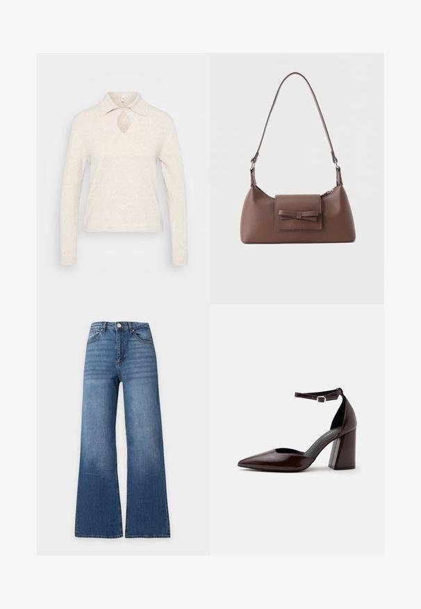 Pull en maille beige clair avec col, découpe en forme de clé au niveau du décolleté et manches longues ; tissu texturé et doux avec une coupe décontractée.; Jean en denim bleu taille haute avec jambes larges, bouton sur le devant, fermeture éclair et design classique cinq poches sur un fond clair uni.; Chaussure à talon haut en cuir marron foncé à bout pointu, avec bride à la cheville et boucle argentée sur fond blanc.; Sac à bandoulière en cuir marron avec une poche à rabat avant ornée d'un détail en forme de nœud cousu et une sangle réglable.