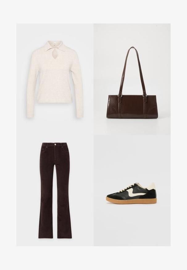 Pull en maille beige clair avec col, découpe en forme de clé au niveau du décolleté et manches longues ; tissu texturé et doux avec une coupe décontractée.; Pantalon en velours côtelé marron foncé avec un bouton à l'avant, des passants pour ceinture et des jambes légèrement évasées, présenté sur un fond uni.; Baskets en daim et cuir noir avec un swoosh latéral crème et un talon crème clair. Dotées de lacets beige et d'une semelle en caoutchouc gomme.; Sac à main en cuir verni marron de forme rectangulaire, avec deux longues poignées et des accents courbés subtils à l'avant.