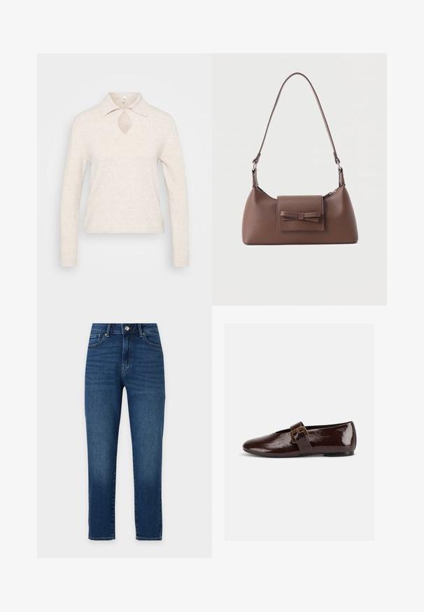 Strikket pullover i lys beige med krave, nøglehul-udskæring i halsen og lange ærmer; tekstureret, blødt stof med en afslappet pasform.; Klassiske blå denimjeans med lige ben, fem lommer, bæltestropper og knap- og lynlåslukning, vist mod en hvid baggrund.; Mørkebrun laklædersko med stor guldlås og rund tå, vist i sideprofil på hvid baggrund.; Brun skuldertaske i læder med en frontlomme med klap, der har en sydd sløjfedetalje, og en justerbar rem.