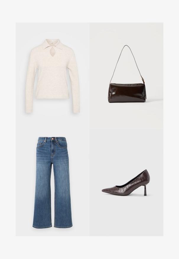 Pull en maille beige clair avec col, découpe en forme de clé au niveau du décolleté et manches longues ; tissu texturé et doux avec une coupe décontractée.; Jean en denim bleu à jambes larges avec cinq poches, fermeture par boutons et passants de ceinture, présenté sur un fond clair uni.; Escarpins à bout pointu en similicuir marron avec une texture crocodile, dotés d’un talon fin et angulaire ainsi que d’une doublure intérieure lisse.; Sac à bandoulière rectangulaire en cuir marron foncé avec une seule sangle fine et une boucle dorée sur un fond uni.