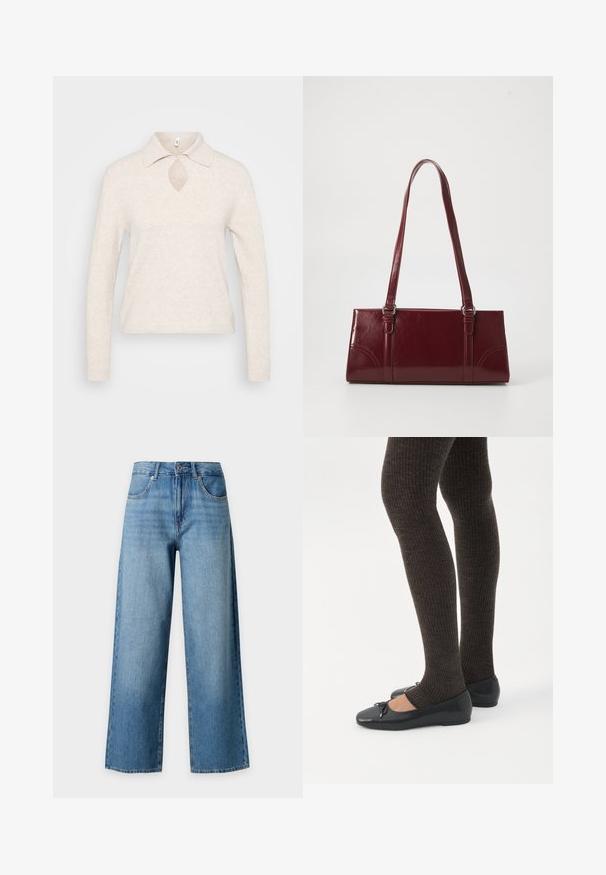 Pull en maille beige clair avec col, découpe en forme de clé au niveau du décolleté et manches longues ; tissu texturé et doux avec une coupe décontractée.; Jean en denim bleu à jambes larges avec poches avant, passants de ceinture et fermeture à boutons sur fond blanc.; Jambes portant des leggings côtelés foncés associés à des ballerines noires avec de petits détails en nœud sur fond blanc.; Sac à main bordeaux en matériau brillant, de forme rectangulaire, avec deux anses et des accents légèrement courbés à l'avant.