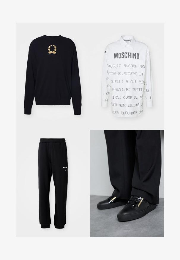 Sort sweater lavet af blødt stof, med et guld broderet laurbærkransdesign på brystet samt ribbede manchetter og kant.; Hvid skjorte med lange ærmer og spidse krave, der har sort tekst og grafiske designs trykt på for- og bagside. Knappelukning.; Sorte sweatpants med en afslappet pasform, lavet af blødt stof. Har en elastisk talje og hvidt "Moschino" logo på venstre lår.; Sorte lædersneakers med blanke accenter, teksturerede snørebånd og lynlåsdetalje; parret med mørke, løse bukser på et gråt gulv.
