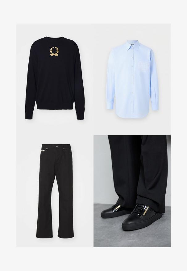 Sort sweater lavet af blødt stof, med et guld broderet laurbærkransdesign på brystet samt ribbede manchetter og kant.; Lyseblå langærmet skjorte med knapper og spids krave samt et diskret ternet hjerte på venstre brystlomme.; Svarte bomuldsbukser med lige ben-design, der har en frontknaplukning, to sidelommer og et lille mærke på linningen.; Sorte lædersneakers med blanke accenter, teksturerede snørebånd og lynlåsdetalje; parret med mørke, løse bukser på et gråt gulv.