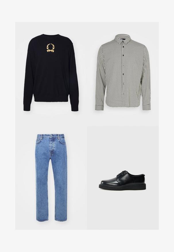 Sort sweater lavet af blødt stof, med et guld broderet laurbærkransdesign på brystet samt ribbede manchetter og kant.; Skjorte med knapper i sort og hvidt ternet mønster, med krave, lange ærmer og lige kant. Har et let stof og sorte knapper.; Won Hundred STEVE - Jeans Relaxed Fit - cut blue; Sorte læder snøresko med rundet snude, glat finish og tekstureret sort gummisål. Minimalistisk design uden synlige mønstre.