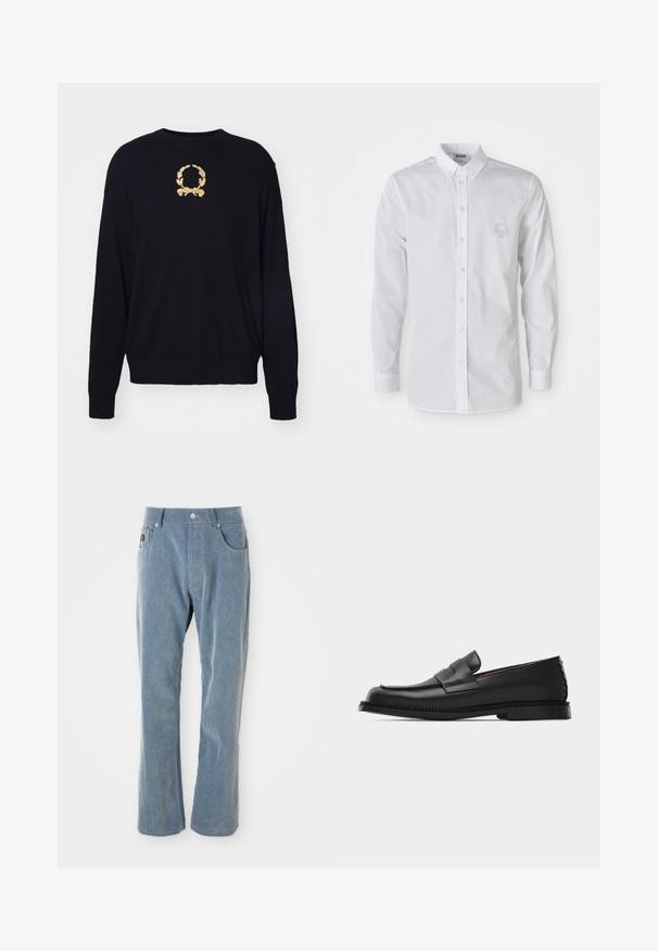 Suéter negro hecho de tela suave, con un diseño de corona de laurel bordado en dorado en el pecho y puños y bajo acanalados.; Camisa blanca de manga larga con cuello abotonado y un sutil logo bordado en el lado izquierdo del pecho.; Pantalones de pana de color azul claro con cierre de botón y cremallera, bolsillos frontales y piernas rectas sobre fondo blanco.; Mocasín de cuero negro con tacón bajo, punta redondeada y una correa decorativa en la parte superior, sobre un fondo claro y simple.