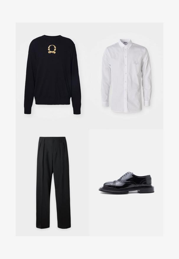 Zwarte trui van zacht materiaal, met een gouden geborduurd lauriertakontwerp op de borst en geribde manchetten en zoom.; Witte langemouwen button-up shirt met button-down kraag en subtiele geborduurde logo op de linkerborst.; Zwarte, hoog getailleerde, op maat gemaakte broek met riemlussen, voorplooien, knoopsluiting en rechte, wijde pijpen op een lichte achtergrond.; Zwarte gepolijste leren brogue nette schoen met vleugelpunten en gestapelde hak, zijaanzicht op een witte achtergrond.