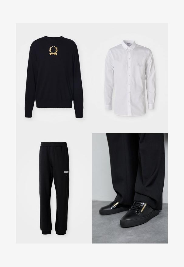 Un pull noir en tissu doux, avec un motif de laurier brodé en or sur la poitrine et des poignets et un ourlet côtelés.; Chemise blanche à manches longues, à col boutonné, avec un logo brodé discret sur la poitrine gauche.; Pantalons de survêtement noirs à coupe décontractée, fabriqués en tissu doux. Dotés d'une taille élastique et du logo blanc "Moschino" sur la cuisse gauche.; Baskets en cuir noir avec des accents brillants, des lacets texturés et un détail de fermeture éclair ; associées à un pantalon sombre et ample sur un sol gris.