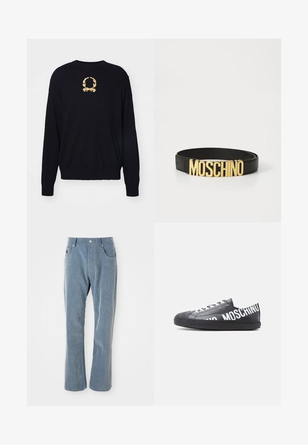 Un pull noir en tissu doux, avec un motif de laurier brodé en or sur la poitrine et des poignets et un ourlet côtelés.; Pantalon en velours côtelé bleu clair avec fermeture à bouton et à glissière, poches avant et jambes droites sur fond blanc.; Baskets basses noires avec des lacets blancs et "MOSCHINO" imprimé en grandes lettres blanches sur le côté et le talon.; Ceinture en cuir noir avec une grande boucle en or « MOSCHINO », texture lisse, taille réglable et design minimaliste.