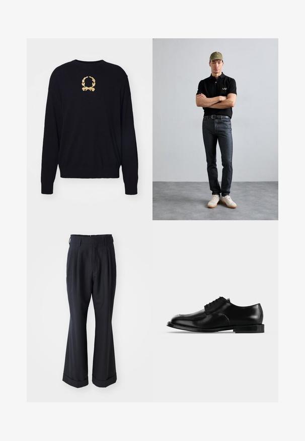 Sort sweater lavet af blødt stof, med et guld broderet laurbærkransdesign på brystet samt ribbede manchetter og kant.; Sorte skræddersyede bukser med en afslappet pasform, plisseret forside og vide ben. Har en opsmøg i bunden og en glat stofstruktur.; Sort lædersko til mænd med snørebånd, glat finish og lav hæl, vist i sideprofil på en ensartet lys baggrund.; Sort polo-shirt med guld logo, mørke denim jeans og lyse sko. Olivengrøn kasket med logo. Modellen står med armene over kors mod en struktureret baggrund.