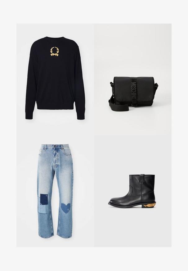 Sort sweater lavet af blødt stof, med et guld broderet laurbærkransdesign på brystet samt ribbede manchetter og kant.; Lyseblå denim jeans med lige snit, der har to lapdetailler: et kvadrat og et hjerte, begge i mørkere denimtoner.; Sort læder ankelstøvle med en glat overflade, rund tå og et guldfarvet hvalmotiv på hælen. Minimalistisk design.; Sort nylon crossbody taske med en klap, prydet med en fremtrædende logo-rem lukning, justerbar rem og sidelægninger.