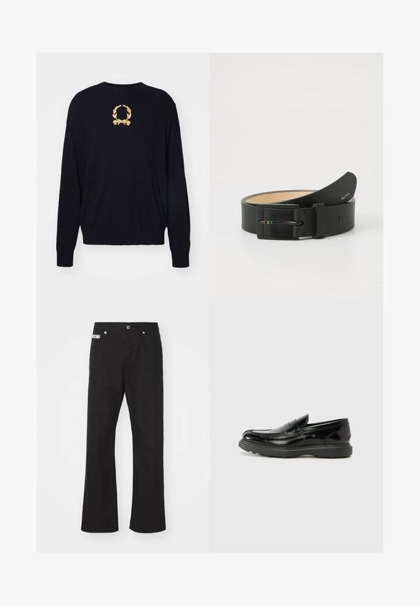 Suéter negro hecho de tela suave, con un diseño de corona de laurel bordado en dorado en el pecho y puños y bajo acanalados.; Pantalones de algodón negros con un diseño de pierna recta, que presentan un cierre frontal con botón, dos bolsillos laterales y una pequeña etiqueta de la marca en la cintura.; Mocasín de cuero negro con un acabado brillante, punta redondeada, detalles de costura sutiles y una suela de goma gruesa para mayor durabilidad.; Paul Smith MEN BELT STRIPE BUCKLE - Cinturón - black