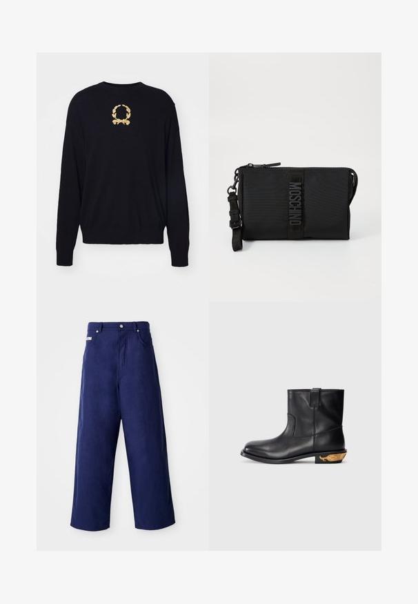 Sort sweater lavet af blødt stof, med et guld broderet laurbærkransdesign på brystet samt ribbede manchetter og kant.; Bredde ben bukser i marineblå, lavet af blødt stof. Har en knaplukning og frontlommer, med en ren finish og ingen synlige mønstre.; Sort læder ankelstøvle med en glat overflade, rund tå og et guldfarvet hvalmotiv på hælen. Minimalistisk design.; Sort nylon clutch taske med et tekstureret logo-patch, en lynlås lukning og en justerbar rem. Kompakt rektangulær form.