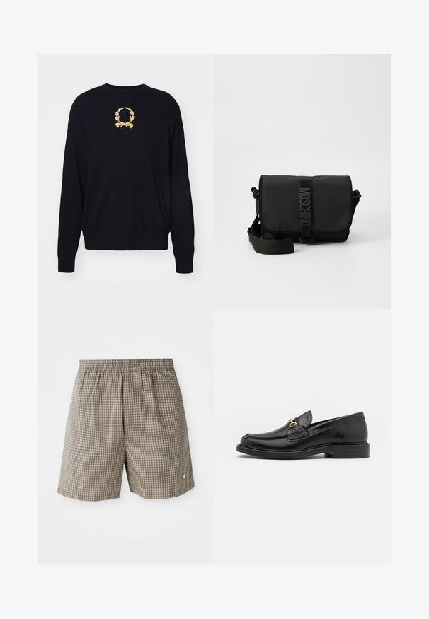 Un pull noir en tissu doux, avec un motif de laurier brodé en or sur la poitrine et des poignets et un ourlet côtelés.; Shorts à carreaux marron avec une taille élastique, des poches latérales et un petit logo près de l'ourlet. Tissu léger.; Mocassins en cuir noir avec un embout rond, présentant des accents en métal doré et des détails de couture, montés sur une semelle en caoutchouc texturé et basse.; Sac bandoulière noir en nylon avec rabat, doté d'une fermeture à bande logo proéminente, d'une bandoulière réglable et de détails de surpiqûres sur les côtés.